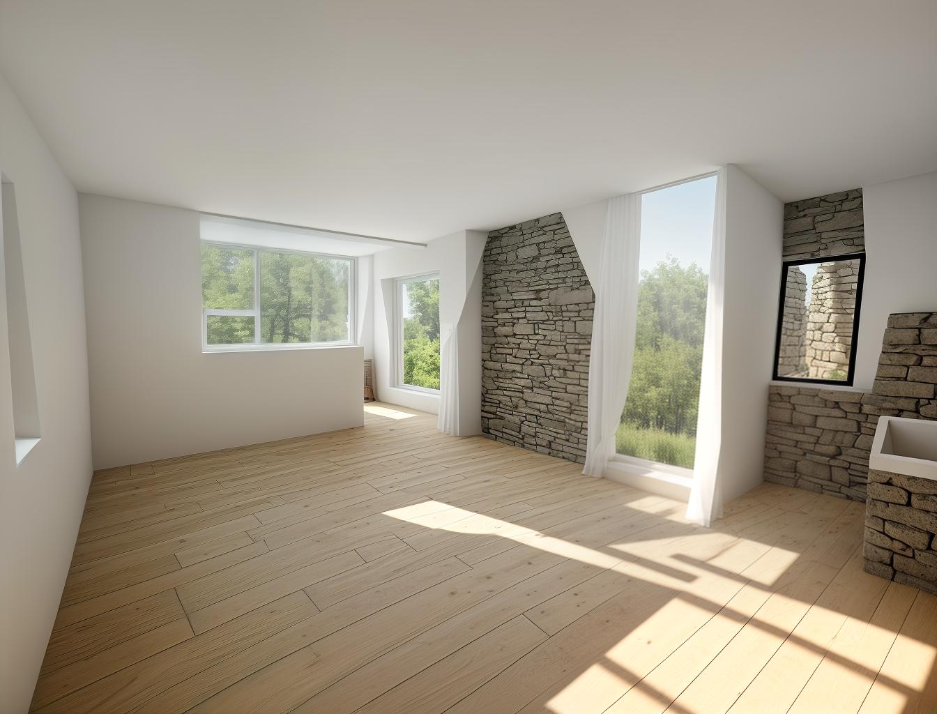  create a photorealistic image of a minimalist room with a stone wall and a large window. the stone wall should add texture and depth to the clean, modern design, while the window brings in natural light, enhancing the room's airy feel.