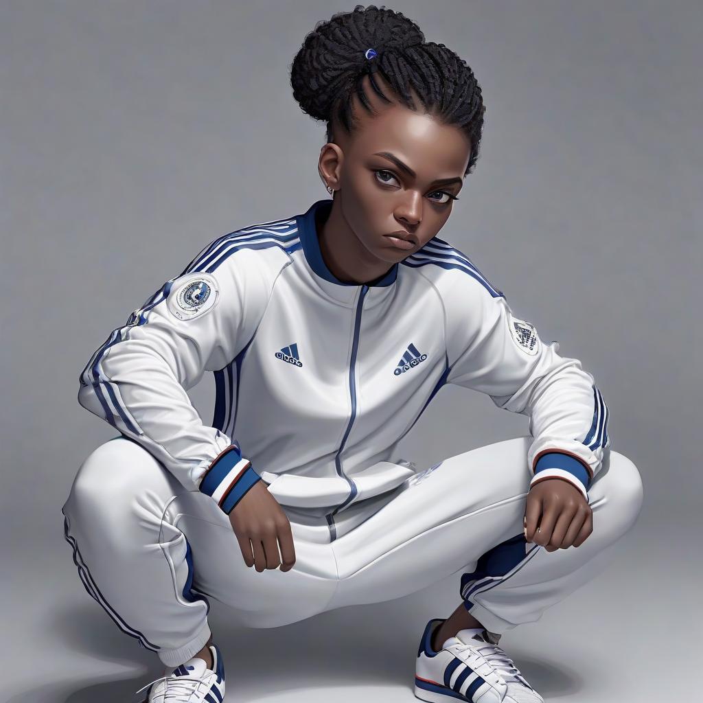  advertising poster style makima in an adidas tracksuit . professional, modern, product focused, commercial, eye catching, highly detailed