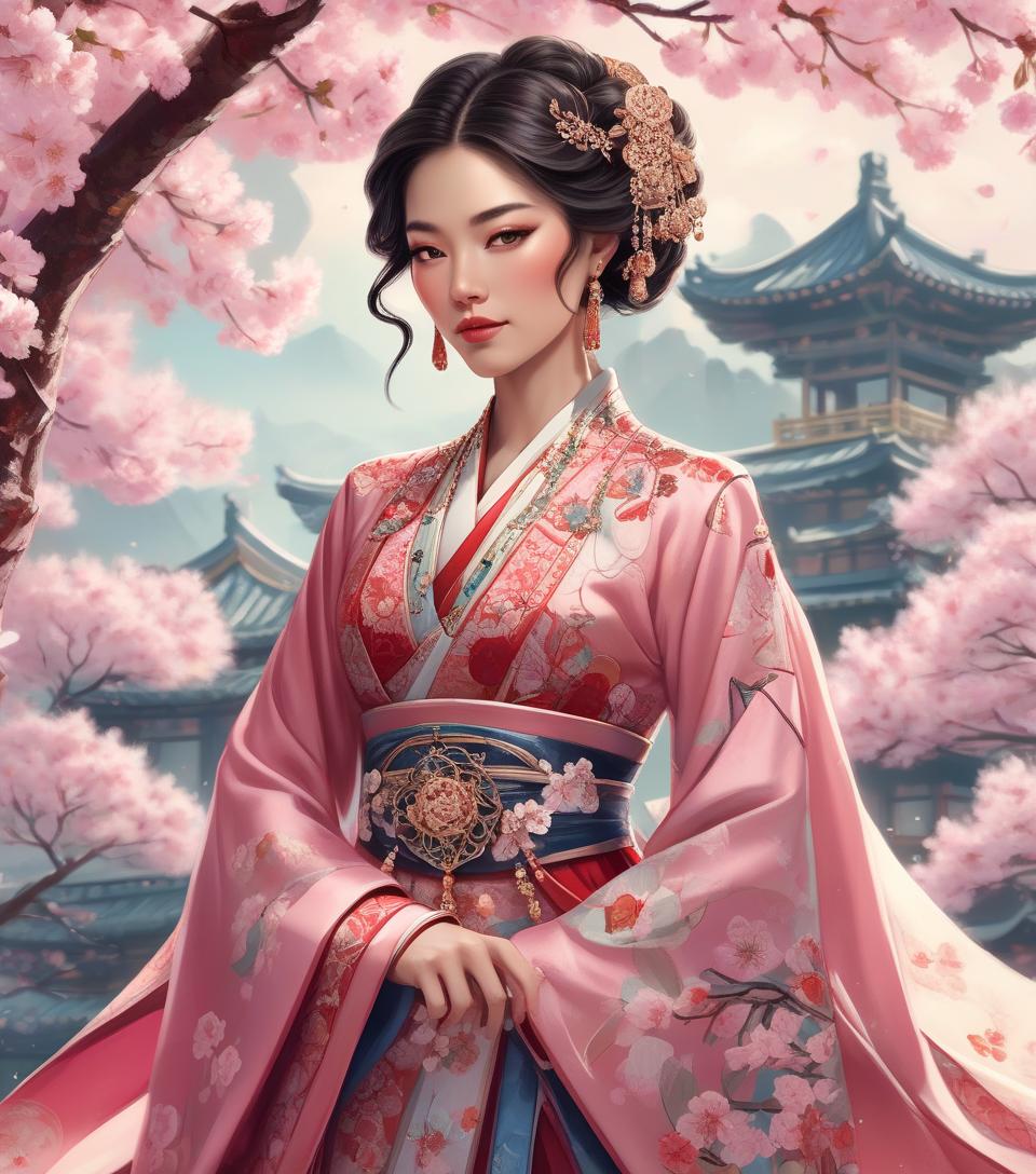  an illustration of a woman in traditional asian attire with intricate jewelry, against a backdrop of cherry blossoms. a gorgeous asian woman in an elaborate, dramatic, traditional costume.