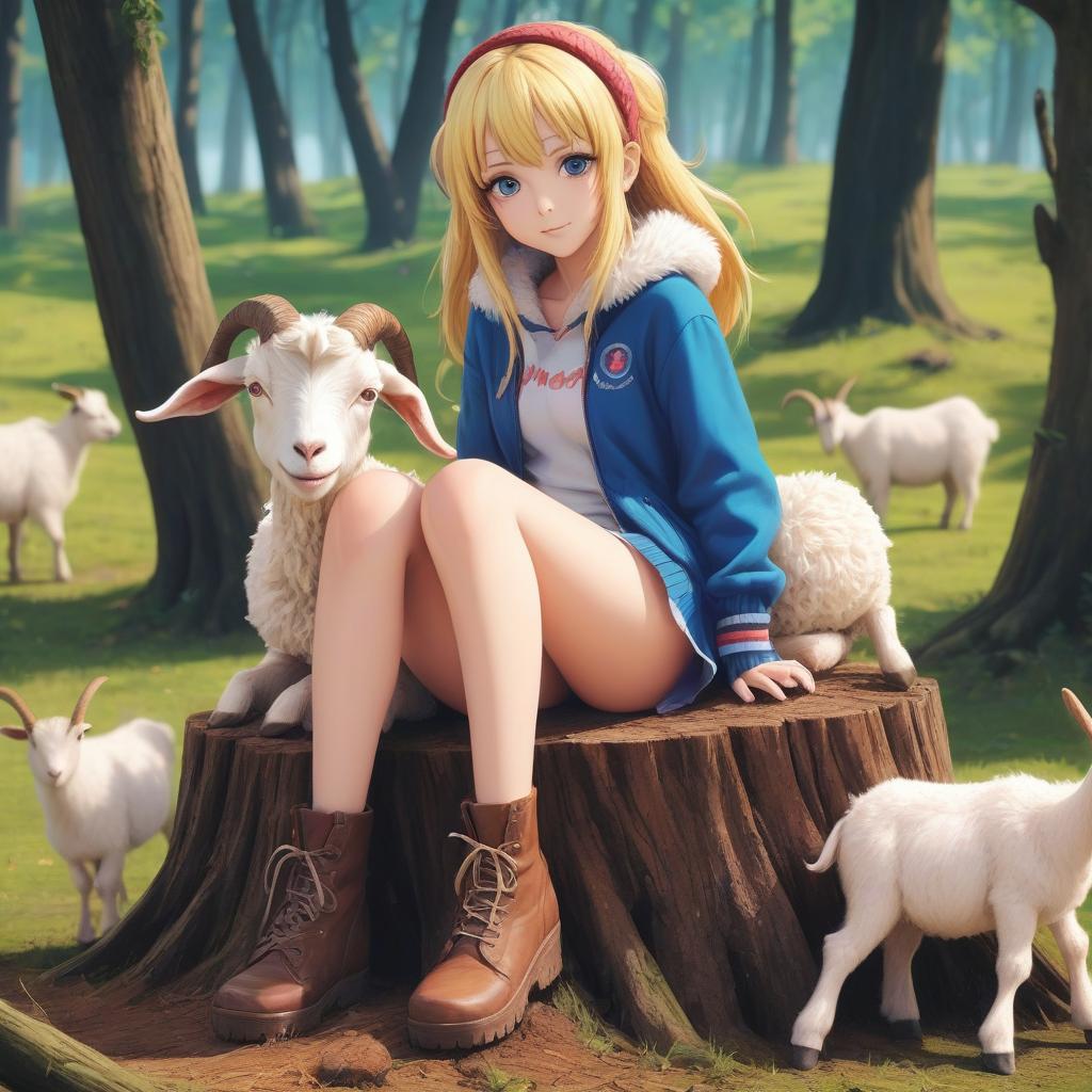  anime artwork the girl, her legs are goats, covered with wool hooves, sitting on a stump . anime style, key visual, vibrant, studio anime, highly detailed