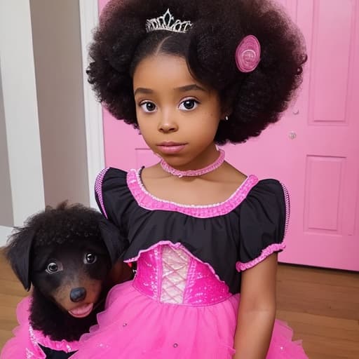  A black girl with Afro pups, the pretty castle with pink clothes and a tiara on her head with 1 million dogs