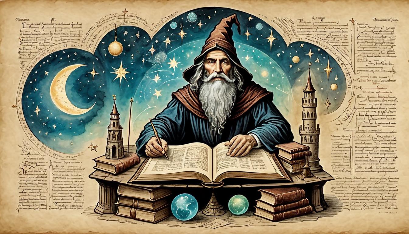  on parchment, surrealism+++, wizard in a tower surrounded by open books, star maps, glowing orbs floating, intellectual pursuit(mysterious, provocative, symbolic,muted color)+++