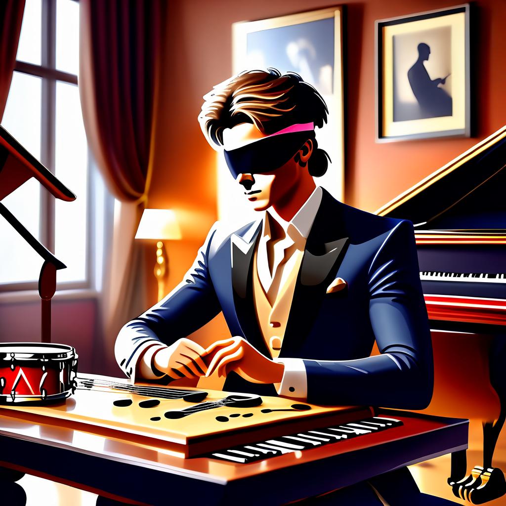  luxury product style musician with a blindfold, thoughtfully sitting at a table, against the background of a cozy room with musical instruments . elegant, sophisticated, high end, luxurious, professional, highly detailed