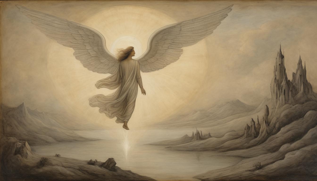  on parchment, surrealism++, a celestial being, angelic figure with gentle wings, hovering above a darkened landscape illuminated by a faint, divine glow, ethereal, mystical, otherworldly(mysterious, provocative, symbolic)++