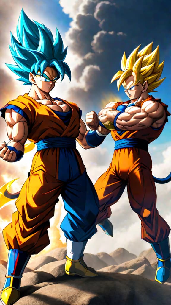  anime art of goku and vegeta battling broly in dragon ball super: broly movie. hyperrealistic, full body, detailed clothing, highly detailed, cinematic lighting, stunningly beautiful, intricate, sharp focus, f/1. 8, 85mm, (centered image composition), (professionally color graded), ((bright soft diffused light)), volumetric fog, trending on instagram, trending on tumblr, HDR 4K, 8K