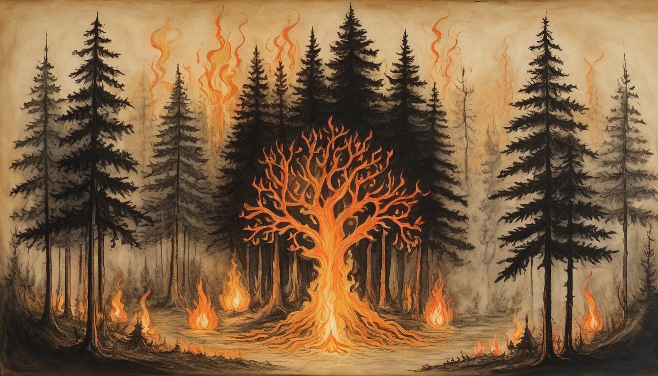  on parchment, surrealism++, glowing flame burning fiercely in the dark, illuminating a dense forest, resilient spirit(mysterious, provocative, symbolic)++