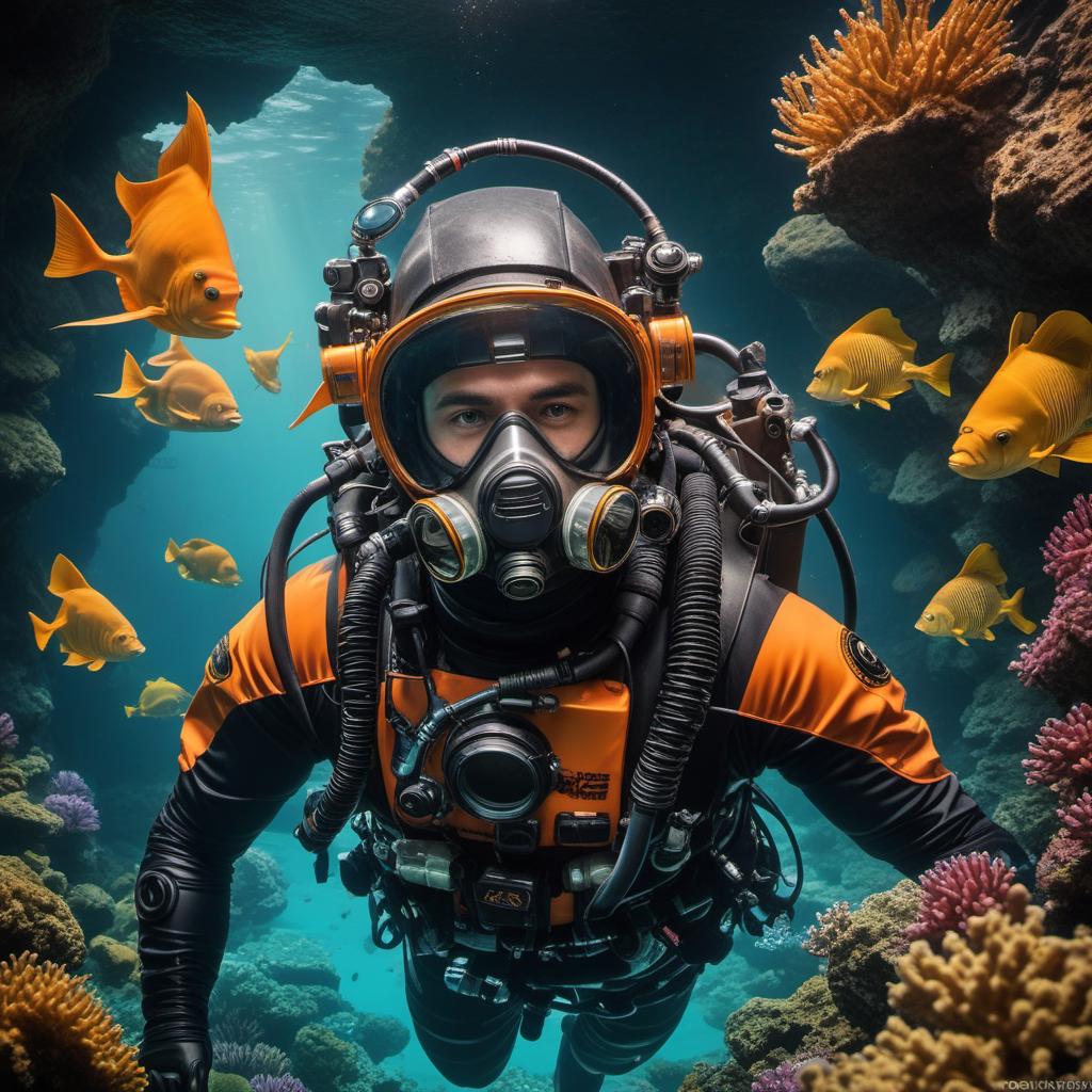  jb name, male, rebreather diver, thick loops, helmet in orange, cave diver, underwater, face view diver, fresh water, shoulder view, jb, cyberpunk style