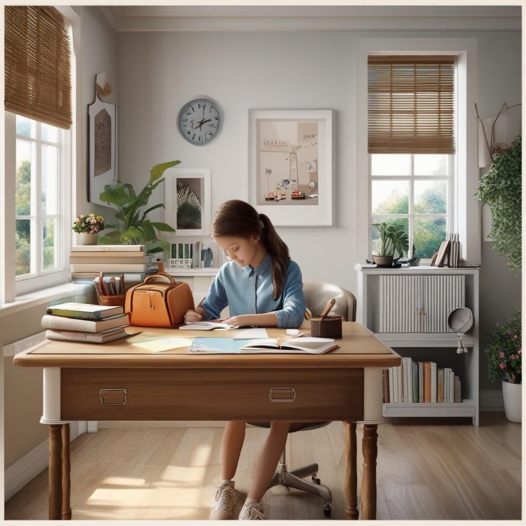  masterpiece, best quality,Help me generate pictures: photo realistic, girl style, in a big desk with a lovely schoolbag, schoolbag side of the table with books, the overall simplicity, color for light