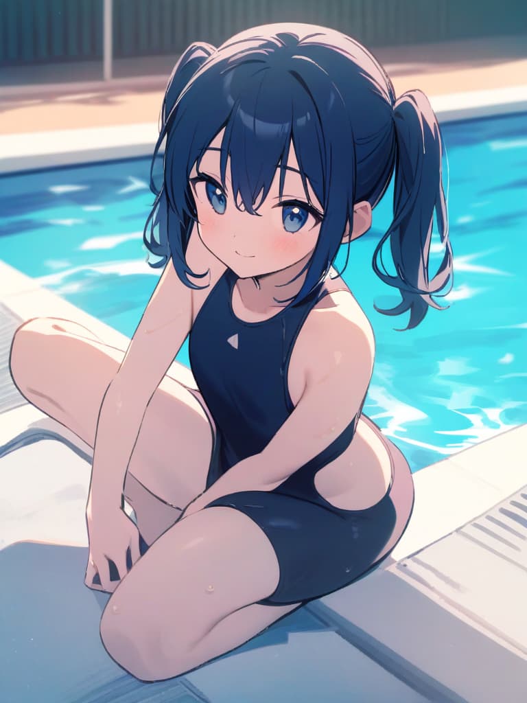  junior s, twin tails, cute smiles, dark blue, dark blue swimwear, dark blue swimwear, vertical , clear (double ual equipment, shaped clear, swelling, man swelling),, front legs, whole body, pool, pool, pool, pool.