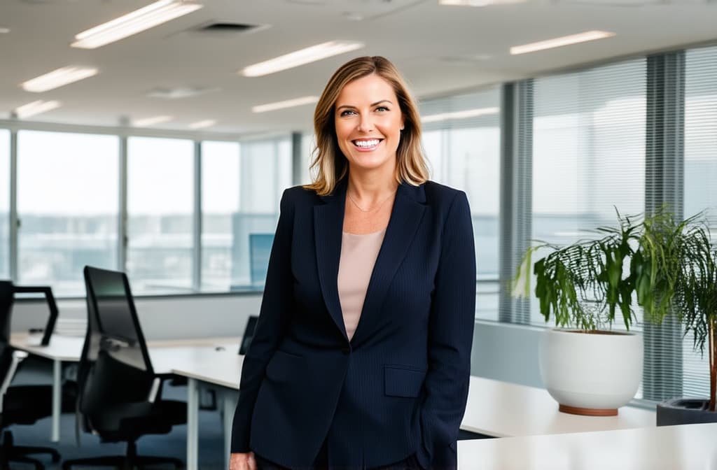  professional detailed photography, portrait of smiling businesswoman standing in open plan office. happy female professional executive manager, financial banking or marketing data. ar 3:2, (muted colors, dim colors, soothing tones), (vsco:0.3)