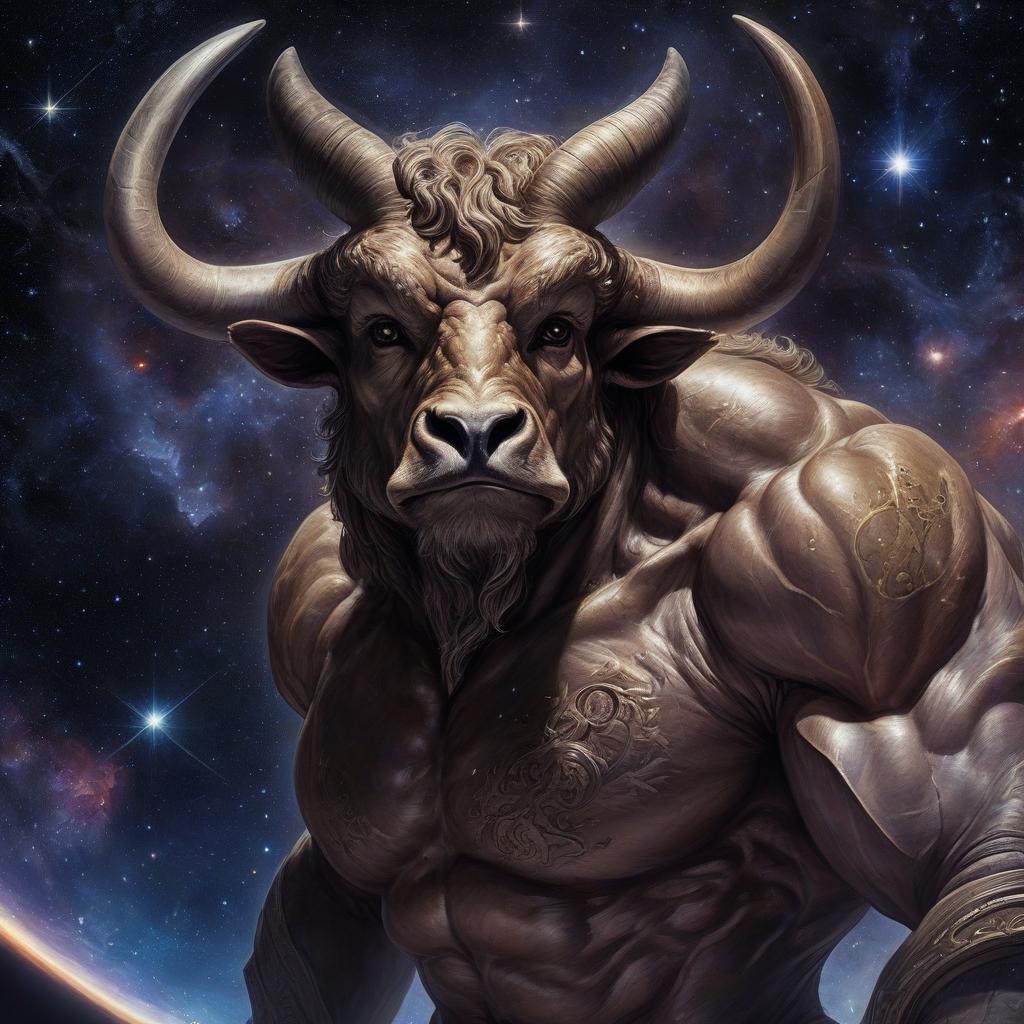  space themed renaissance, gothic, fantasy: minotaur. . cosmic, celestial, stars, galaxies, nebulas, planets, science fiction, highly detailed