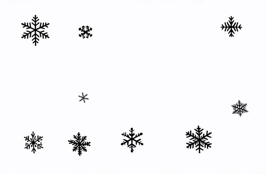  contour, very simple image in one unbroken black ink line, single line of set of various snowflakes on black isolated background ar 3:2 using a single continuous black line ink brushon white background, drawing should be created without lifting the pen, recognizable features of set of various snowflakes on black isolated background ar 3:2 in one unbroken line