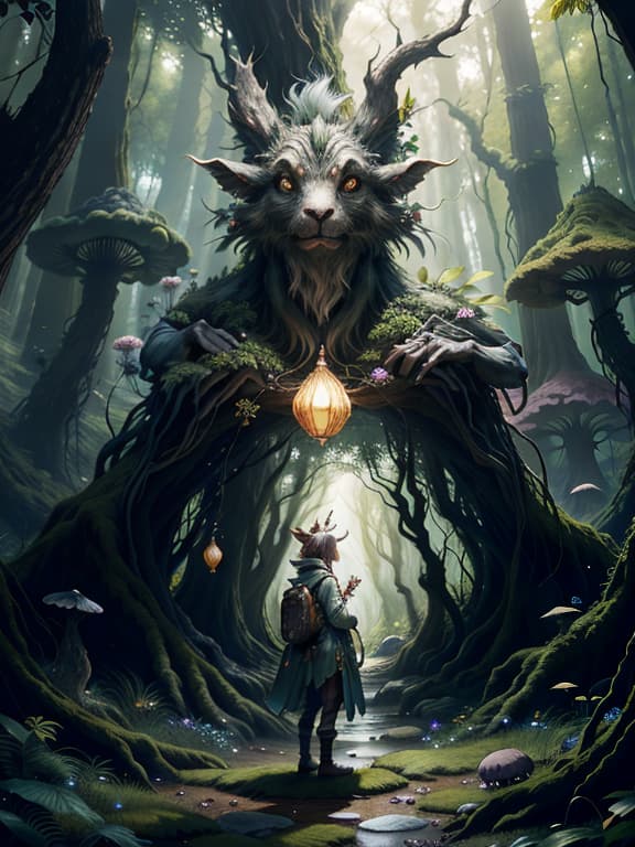  master piece, best quality, ultra detailed, highres, 4k.8k, spriggan, guarding the ancient tree, serene, break adventure in the mystical forest., enchanted forest, ancient tree, glowing mushrooms, ethereal flowers, break mysterious and tranquil, soft glowing light, magical auras, creature00d