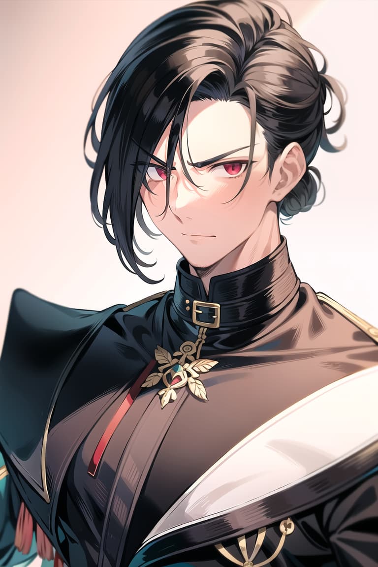  master piece , best quality,image/the character "felix" from the game fire emblem three houses.he is man. his hairstyle is a short black ponytail. he has red, slanted eyes. he has a furrowed brow, which makes him look a bit intimidating. he has his hair tied up high. he has wrinkles under his eyes.