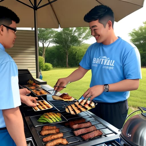  Five men are grilling. ，