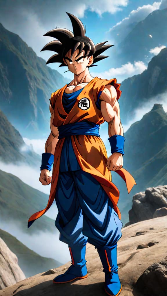  anime art: goku training under the watchful eyes of the angels in dragon ball universe. hyperrealistic, full body, detailed clothing, highly detailed, cinematic lighting, stunningly beautiful, intricate, sharp focus, f/1. 8, 85mm, (centered image composition), (professionally color graded), ((bright soft diffused light)), volumetric fog, trending on instagram, trending on tumblr, HDR 4K, 8K