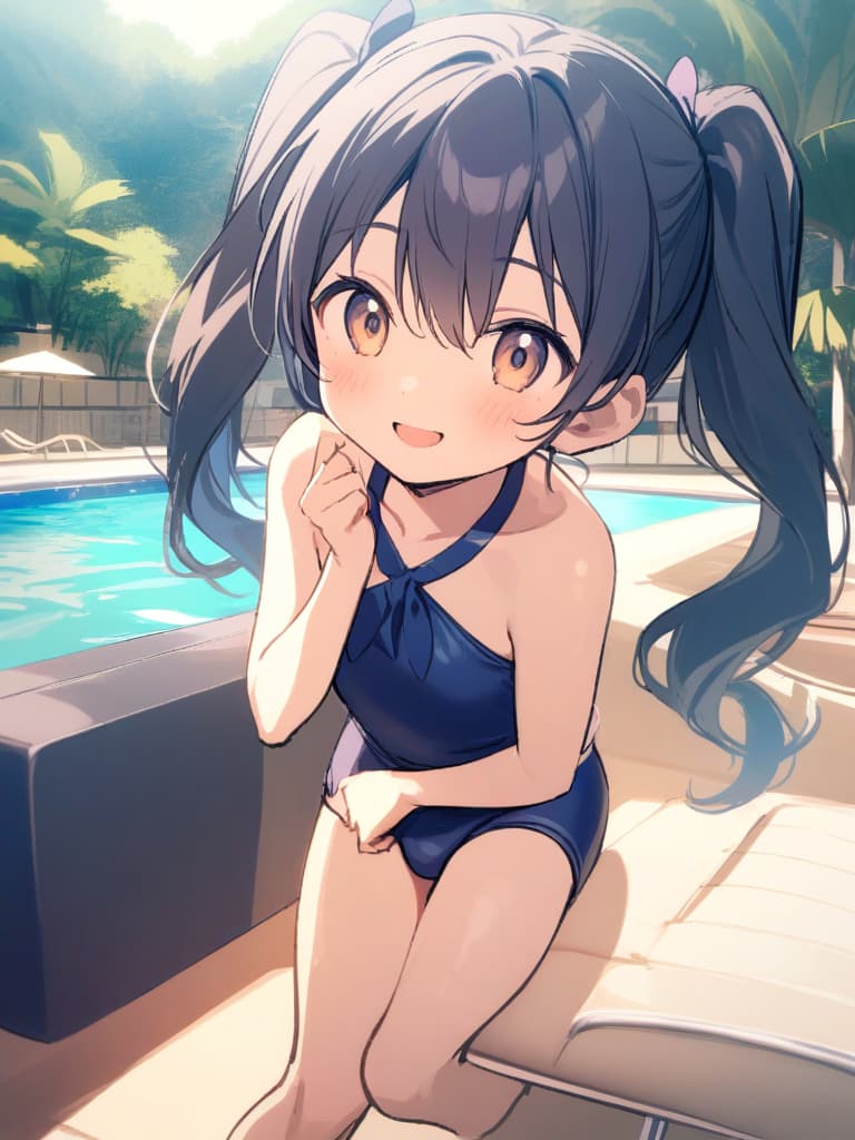  women's elementary students, twin tails, rich smiles, cute smiles, navy blue swimwear, old swimwear, swimwear, simple, male, shaped clear , shaped clear, clear stem, shaped crisp, male bulge,, front. the whole body, pool side,