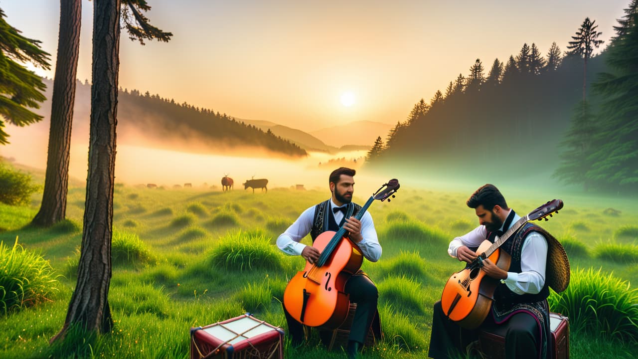  a vibrant folk music scene featuring diverse musicians in traditional attire, playing acoustic instruments like guitars and fiddles, surrounded by a lush landscape, with colorful banners and a captivated audience, evoking community and cultural heritage. hyperrealistic, full body, detailed clothing, highly detailed, cinematic lighting, stunningly beautiful, intricate, sharp focus, f/1. 8, 85mm, (centered image composition), (professionally color graded), ((bright soft diffused light)), volumetric fog, trending on instagram, trending on tumblr, HDR 4K, 8K