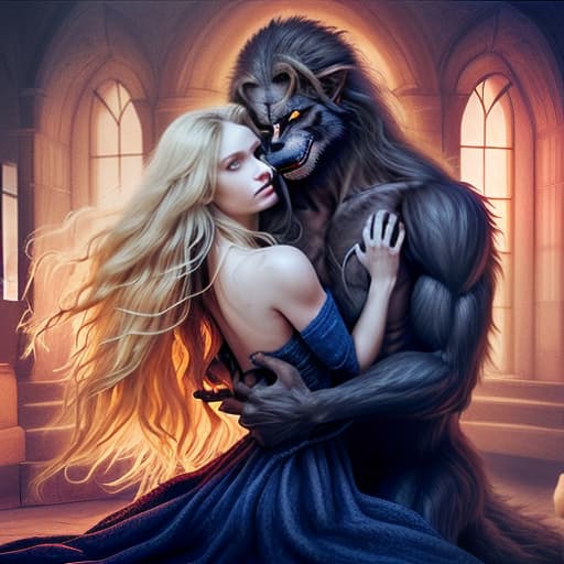  a huge werewolf with a human body, hugging a beautiful blonde with long hair and blue eyes.