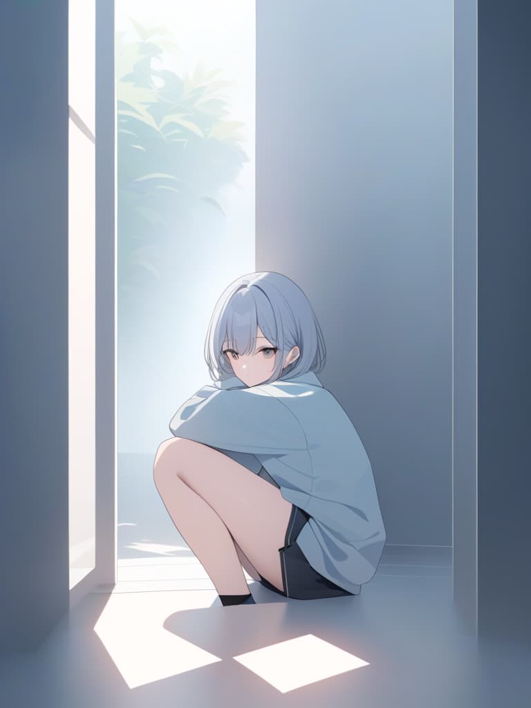  "a soft and tranquil illustration of a girl with short,pastel colored hair sitting quietly. she is wearing an oversized,light blue sweater that ds loosely over her small frame. the background is minimalist,with a muted blue tone,and a potted plant is placed beside her,adding a touch of greenery to the scene. the girl's expression is calm but slightly melancholic,with a subtle look of contemplation. the art style is clean and delicate,with thin lines and soft shading,giving the image a serene and introspective mood." hyperrealistic, full body, detailed clothing, highly detailed, cinematic lighting, stunningly beautiful, intricate, sharp focus, f/1. 8, 85mm, (centered image composition), (professionally color graded), ((bright soft diffused light)), volumetric fog, trending on instagram, trending on tumblr, HDR 4K, 8K