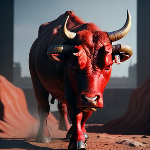  draw a bull a red color, perfect background, shot 35 mm, realism, octane render, 8k, trending on artstation, 35 mm camera, unreal engine, hyper detailed, photo realistic maximum detail, volumetric light, realistic matte painting, hyper photorealistic, trending on artstation, ultra detailed, realistic