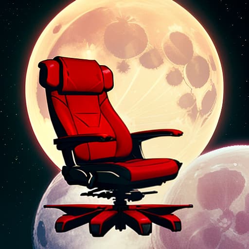  3 regular red chairs in zero gravity hover near the moon