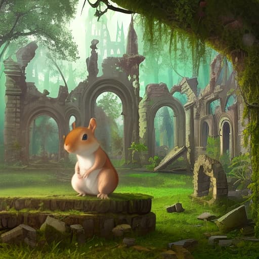  [[a magical squirrel with a one eye on its forehead in a background]], magical ruins of the middle ages, which are overgrown with magical plants