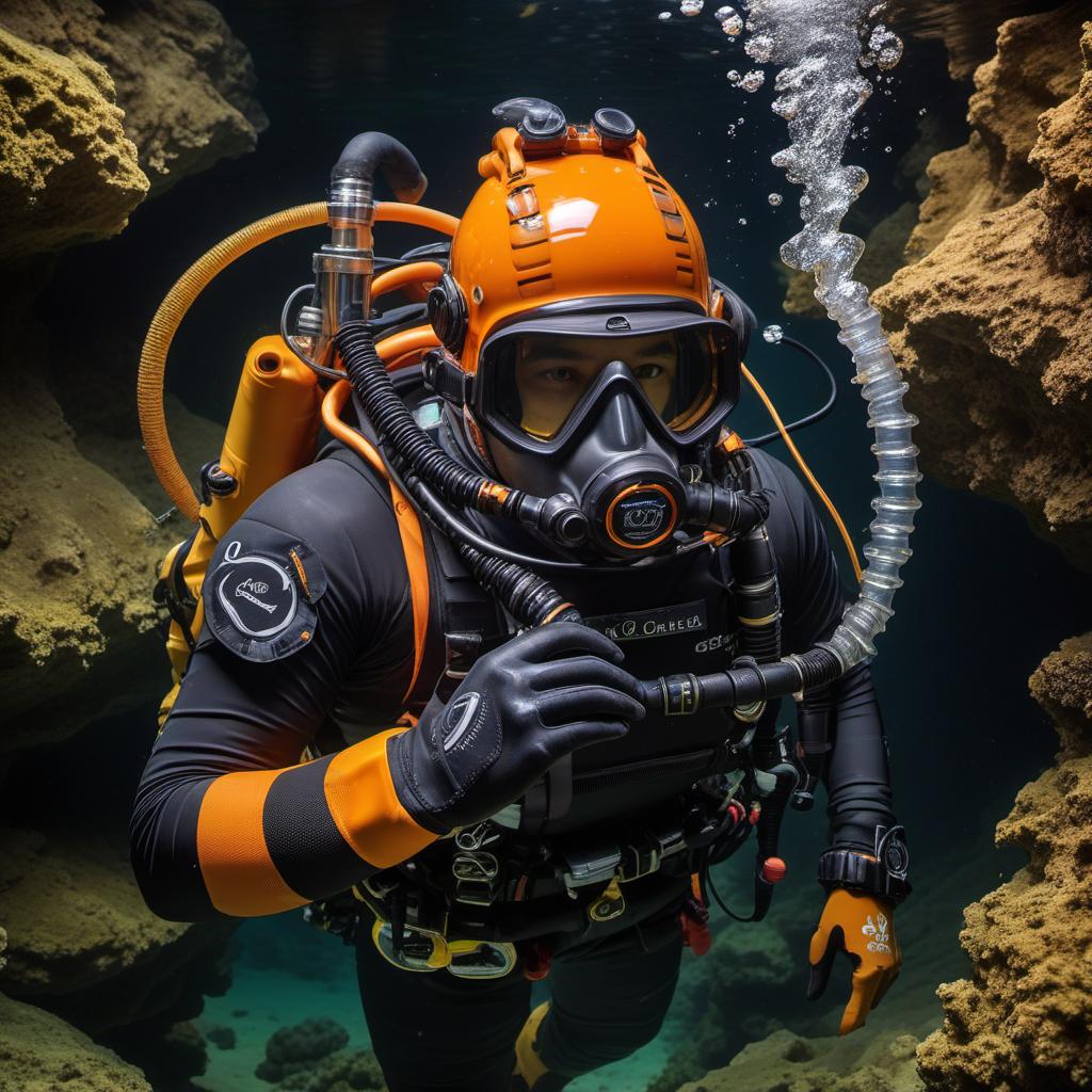  jb name, male, rebreather diver, thick loops, helmet in orange, cave diver, underwater, face view diver, fresh water, shoulder view, jb, mystical style