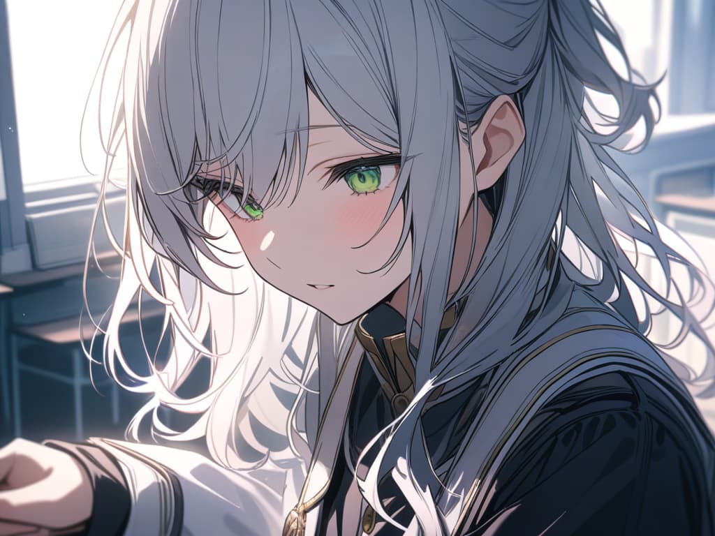  white hair, right eye green, curly hair, uniform, green, school, two, couple, masterpiece, best quality,8k,ultra detailed,high resolution,an extremely delicate and beautiful,hyper detail