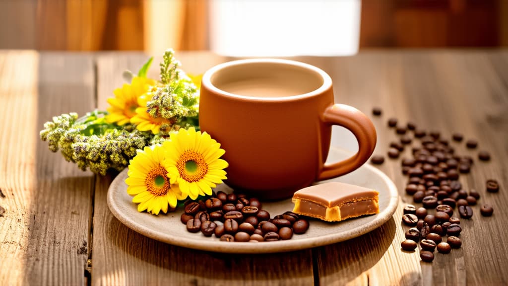  clay coffee cup standing on a wooden table, flowers and sweets, still life, shutterstock, scattering of coffee beans, stunning light penetrates, instagram post, avatar image, cozy place, breakfast, strong sunlight, beautiful, beautiful shot ar 16:9 {prompt}, maximum details