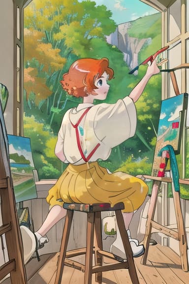  a with vint red short curly hair, sitting on a wooden stool, deeply focused on painting a colorful landscape on a canvas. she wears a stylish, oversized white shirt splattered with paint, and her expressive green eyes reflect her pion for art. the scene is bright and lively, with paintbrushes and a palette filled with vivid colors scattered around her. the background features an artist's studio with sunlight streaming through a large window, illuminating the space with a warm glow. the ilration has a soft, anime inspired style, emphasizing the girl's youthful energy and creativity.