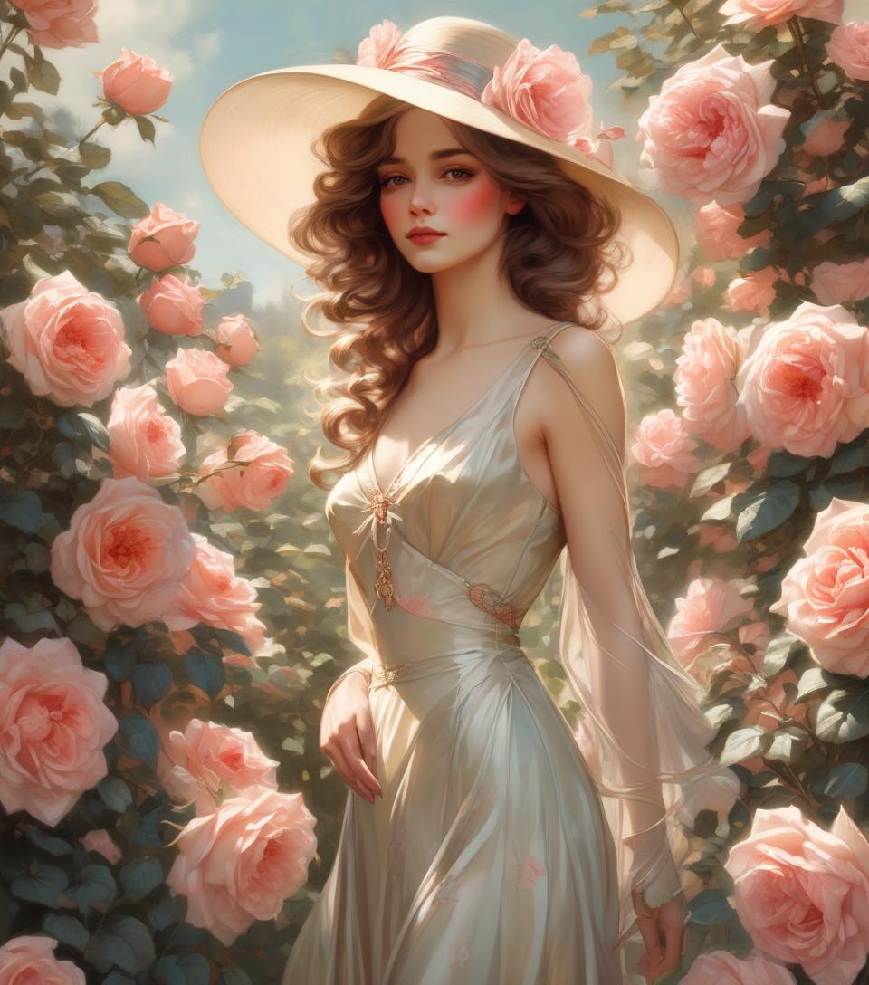  hyperrealistic art a woman in a hat and dress standing in a rose garden, inspirado em harrison fisher, retrato art nouveau, beautiful retro art, no estilo de arte de bowater, arte digital de um elegante, alphonse mucha e rossdraw, mucha estilo 4k, arte no estilo de guweiz, 1920s vibes, exquisite digital illustration . extremely high resolution details, photographic, realism pushed to extreme, fine texture, incredibly lifelike