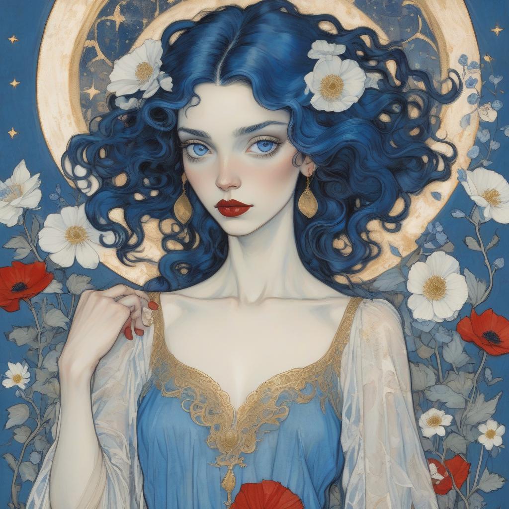  grunge style a painting of a woman with flowing curly hair, bright blue eyes, and red lips, wearing a blue dress with gold accents, surrounded by white flowers. painting by arthur rackham and egon schiele depicting a fair skinned goddess, striking blue eyes, long wavy black hair, blue and white anemones, deep blue morning glories, crimson poppies, cream and peach toned roses, filigree, ornamental metallic gold details, hidden ears, no visible jewelry, delicate freckles, subtle golden highlights, soft pink lips, ethereal beauty, golden embellishments, cosmic motifs, crescent moon, stars, art nouveau style, iridescent hummingbirds, silken garment, blue and muted gold hues, luxurious, dreamy atmosphere. . textured, distressed, vintage, edgy, 