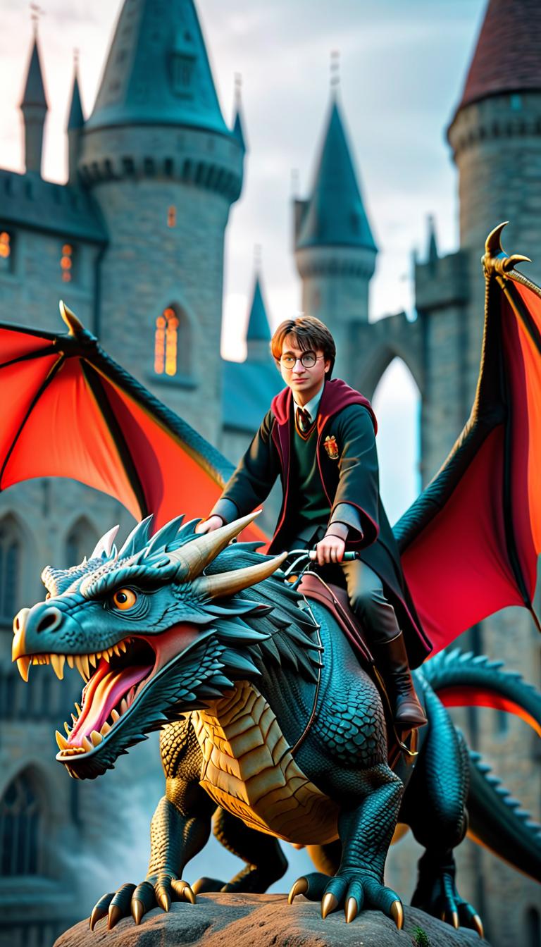  professional 3d model of harry potter riding on a dragon over hogwarts . rendered with octane, the model is highly detailed,dramatic lighting. hyperrealistic, full body, detailed clothing, highly detailed, cinematic lighting, stunningly beautiful, intricate, sharp focus, f/1. 8, 85mm, (centered image composition), (professionally color graded), ((bright soft diffused light)), volumetric fog, trending on instagram, trending on tumblr, HDR 4K, 8K