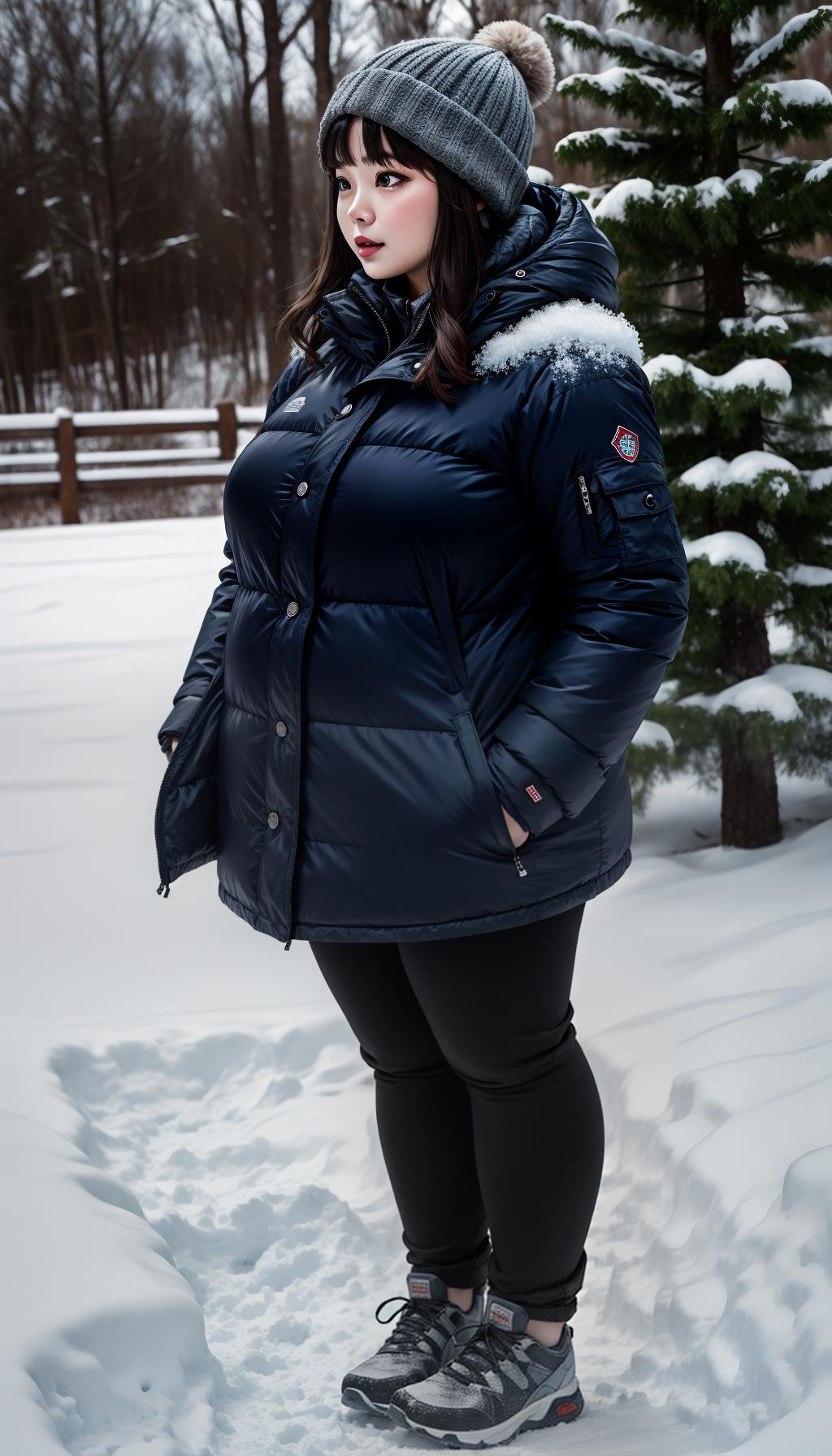   chubby woman, legs in snow park