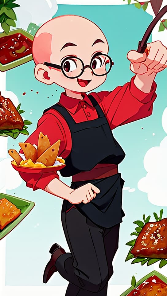  happy vietnamese bald boy with glasses black frame rectangular wearing a red polo and a black apron. pointing at fried lumpia. holding a bottle of chili sauce standing in vendor , (anime:1.15), HQ, Hightly detailed, 4k
