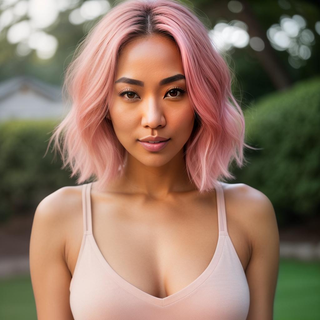  (((realistic full torso frontal head shot of a light tan skin tone woman))), kaede nana abe, ((japanese heritage)), immature face, hazel eye color, ((bob hair style)), ((pink hair color)), ((skinny body type)), medium size, athletic size, (immature small straight nose), (immature defined cheekbones), (immature soft jawline), (immature full lips), (immature low forehead), (immature arched eyebrows), (immature smooth chin), standing straight looking directly into the camera,((wearing fitted polo shirt with deep v neck and monogrammed pocket)), backyard in background, 1girl, best quality, highest quality, award winning photo, masterpiece, raw, professional photography, photorealism, sharp focus, cinematic, high resolution, sha hyperrealistic, full body, detailed clothing, highly detailed, cinematic lighting, stunningly beautiful, intricate, sharp focus, f/1. 8, 85mm, (centered image composition), (professionally color graded), ((bright soft diffused light)), volumetric fog, trending on instagram, trending on tumblr, HDR 4K, 8K