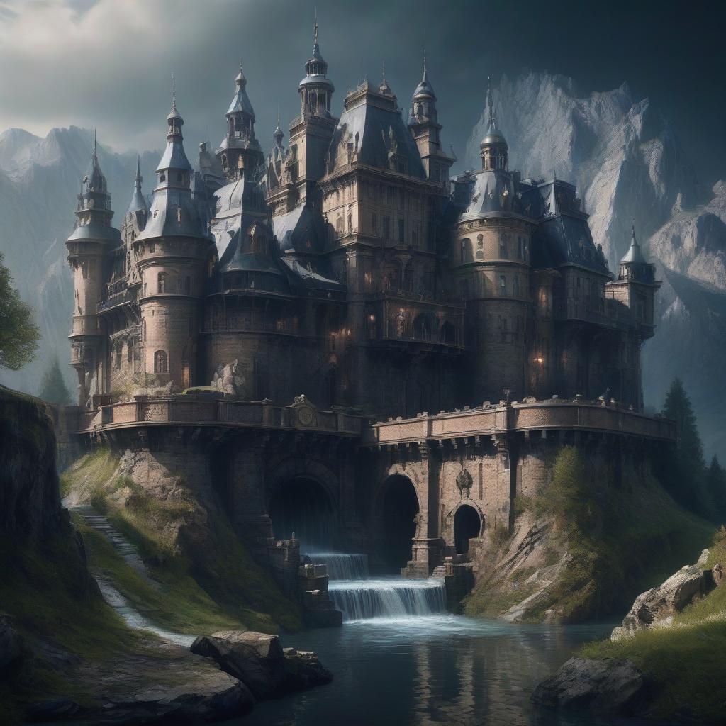  iron castle. there is a moat in front of the castle. a castle in the mountains. baroque, rococo, cyberpunk.