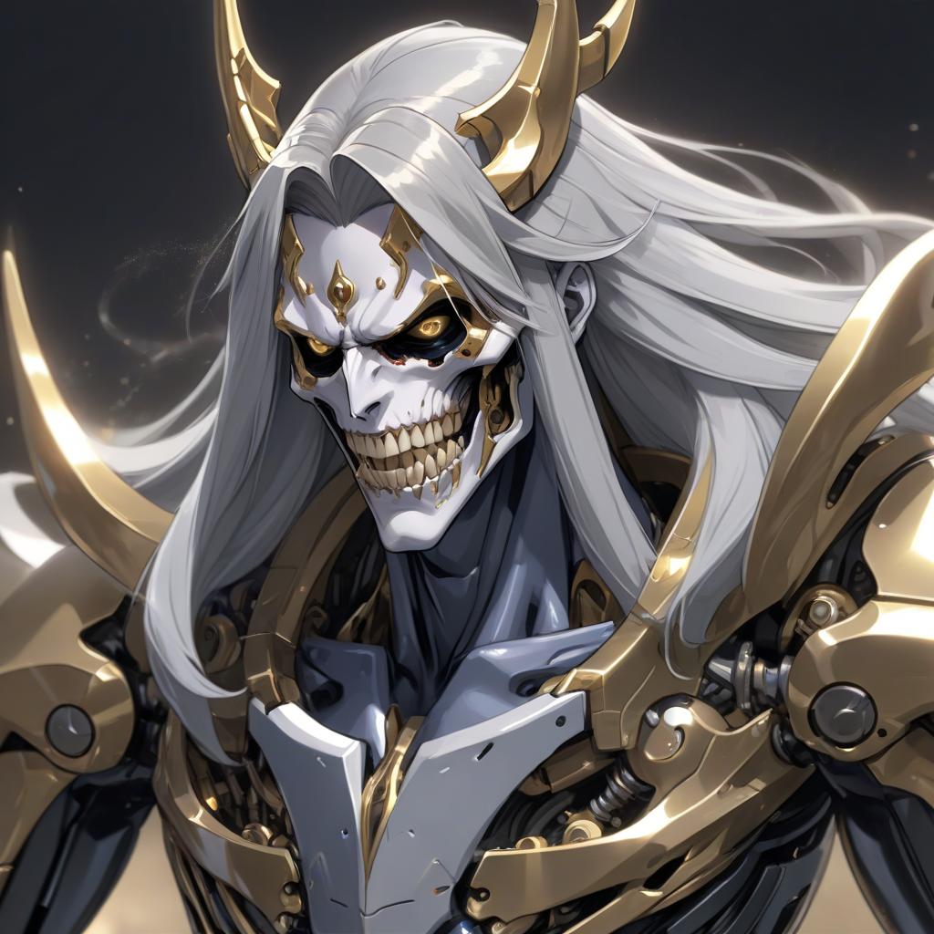  a close up of a person with a weird face, ainz ooal gown, male cyborg, long shiny hair, marc brunet, cyber augmentation implant, large long pointy teeth, gray men, gold highlights, eboy, the style of wlop, humanoid car head, vergil, transparent face