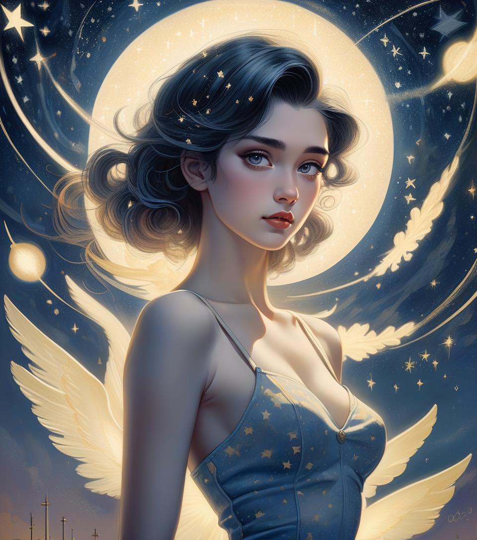  concept art heaven official's blessing lithography, detailed, mannerism, sharp angles, half body art of a beautiful gentle girl in pin up style, magical portrait, dynamic movement, twilight, starry, road, yoshitaka amano . digital artwork, illustrative, painterly, matte painting, highly detailed