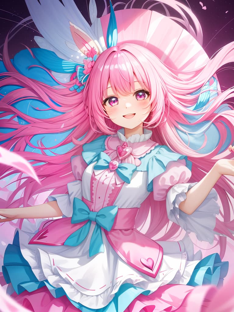  beautiful,wonderland,happy,glad,delightful,cheerful,pink background,kawaii,cute,beautiful,fantasy,dreamy atmosphere,headshot, ar 3:4