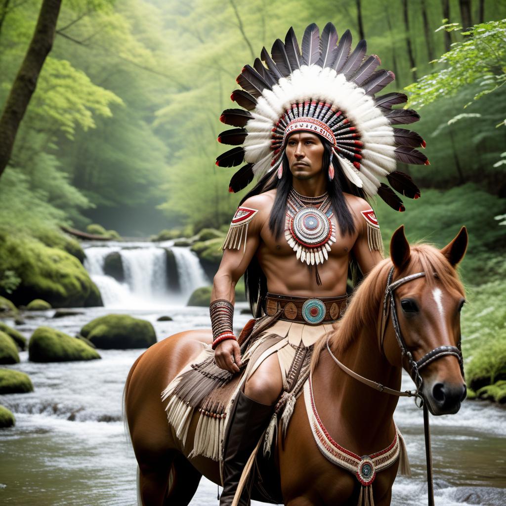  A person dressed as an American Indian warrior on top of a horse near a stream. The warrior is adorned in traditional clothing and a headdress. The scene is set in a natural, lush landscape with trees and a flowing stream nearby. hyperrealistic, full body, detailed clothing, highly detailed, cinematic lighting, stunningly beautiful, intricate, sharp focus, f/1. 8, 85mm, (centered image composition), (professionally color graded), ((bright soft diffused light)), volumetric fog, trending on instagram, trending on tumblr, HDR 4K, 8K