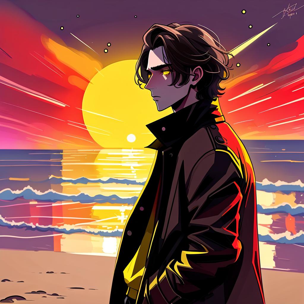  neonpunk style a young man stands alone on the beach. he has long dark brown hair, which flies slightly in the breeze. his face, with pronounced jewish and slavic features, radiates lively energy. brown eyes are full of deep emotions, as if reflecting the vast expanses of the ocean. he wears a bright yellow coat that seems to shine, catching the eye and contrasting with the soft shades of the sunset. under his coat he wears a black shirt and black pants are decorated with yellow elements, creating a stylish and dynamic look. the sunset turns into night, the sky is black and full of stars, and the outgoing red rays fall on the terrain in bright red stripes contrasting with the coming night. the image uses such colors and shades of colors as: