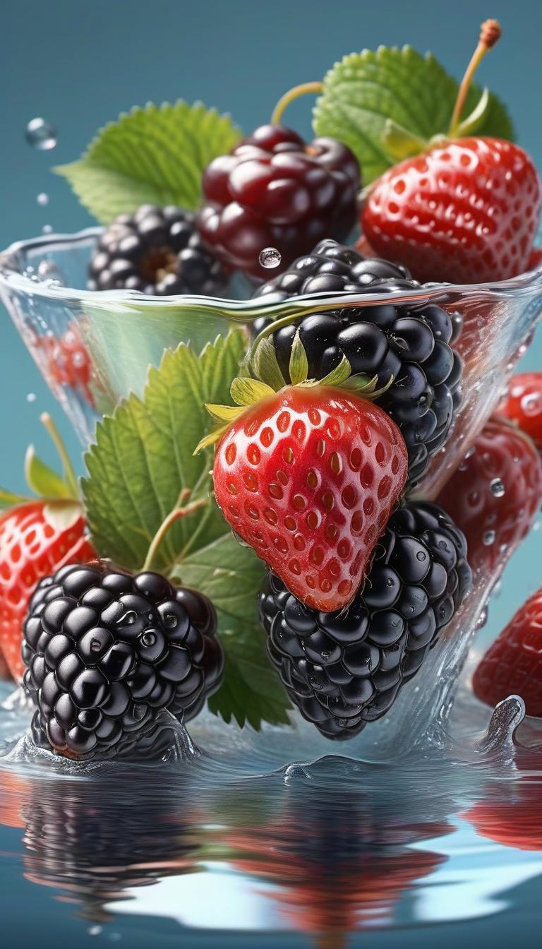  a stunning high resolution illustration of fresh blackberries, strawberries, cherries splashing in water, the berries are depicted in a variety of shades, each with a unique texture, and are reflected in the crystal clear water. the background is a soft gradient of pastel colors, creating a dreamy and calming atmosphere. subtle details in the illustration allow the viewer to admire the subtle nuances of the blackberries, strawberries, cherries and water droplets, a beautiful wide, transparent vase hyperrealistic, full body, detailed clothing, highly detailed, cinematic lighting, stunningly beautiful, intricate, sharp focus, f/1. 8, 85mm, (centered image composition), (professionally color graded), ((bright soft diffused light)), volumetric fog, trending on instagram, trending on tumblr, HDR 4K, 8K