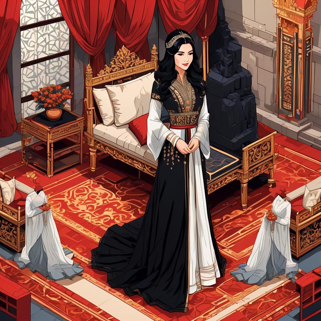  isometric style 1 young woman, black hair, long dress, barefoot, blind on an eye, throne room, laughing evil. vibrant, beautiful, crisp, detailed, ultra detailed, intricate