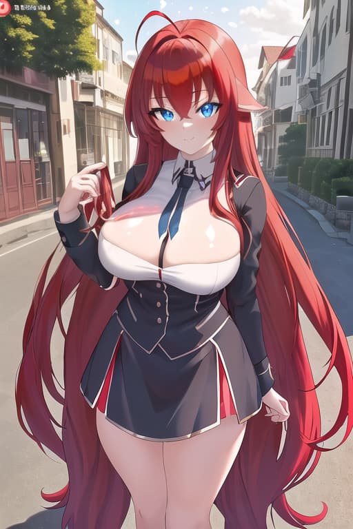  s out,masterpiece, best quality, 1women, long red hair, looking at viewer, :3, cute, black uniform, outdoors, streets, cow shot, curvy, (((blue eyes))), rias gremory, red hair, antenna hair, wavy hair, ((beautiful detailed eyes, beautiful detailed glow, lots of glow)), anime screencap