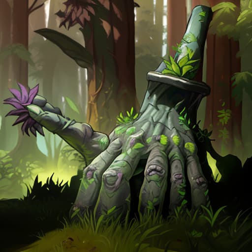  the hand of a golem that peeks out from the ground, overgrown with plants in the forest, arcane style, borderlands style, telltale games style, oil painting, simple colors, low detail, vivid colors, defined lines, defined edges, digital art, cartoon look, cartoon style, sharp shadows, dark