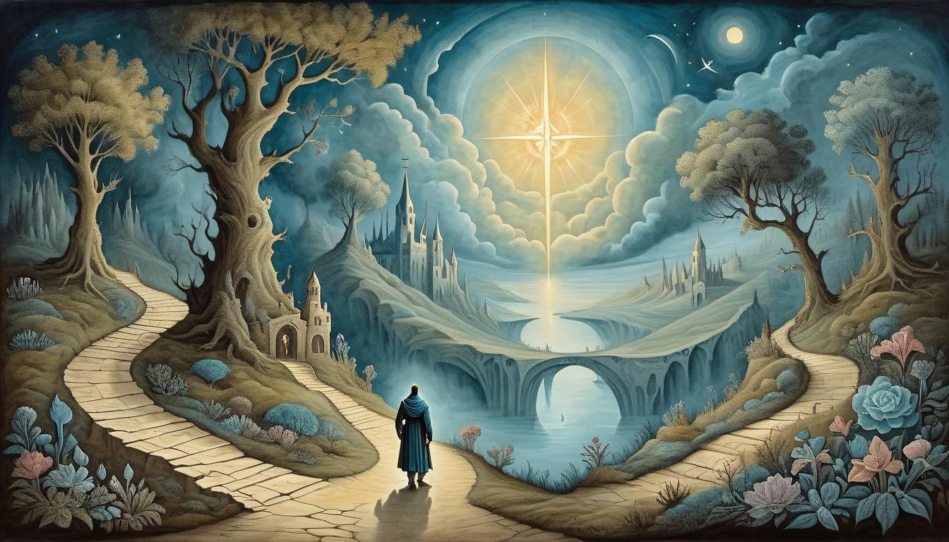  on parchment, surrealism+++, a sacred pathway illuminated by divine light, reserved for the chosen, a figure starting the journey(mysterious, provocative, symbolic,muted color)+++