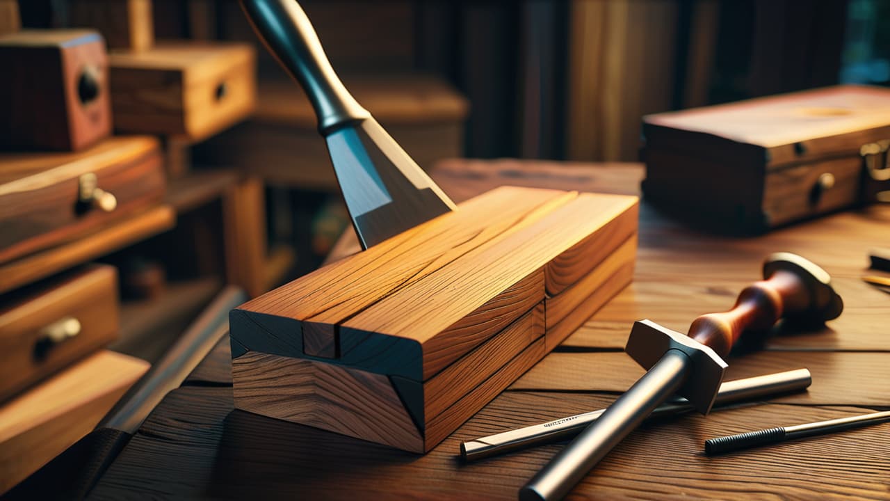  a close up view of a beautifully crafted traditional woodworking joint, showcasing intricate dovetails and exposed grain, surrounded by hand tools like chisels and mallets, set against a warm, rustic workshop backdrop. hyperrealistic, full body, detailed clothing, highly detailed, cinematic lighting, stunningly beautiful, intricate, sharp focus, f/1. 8, 85mm, (centered image composition), (professionally color graded), ((bright soft diffused light)), volumetric fog, trending on instagram, trending on tumblr, HDR 4K, 8K