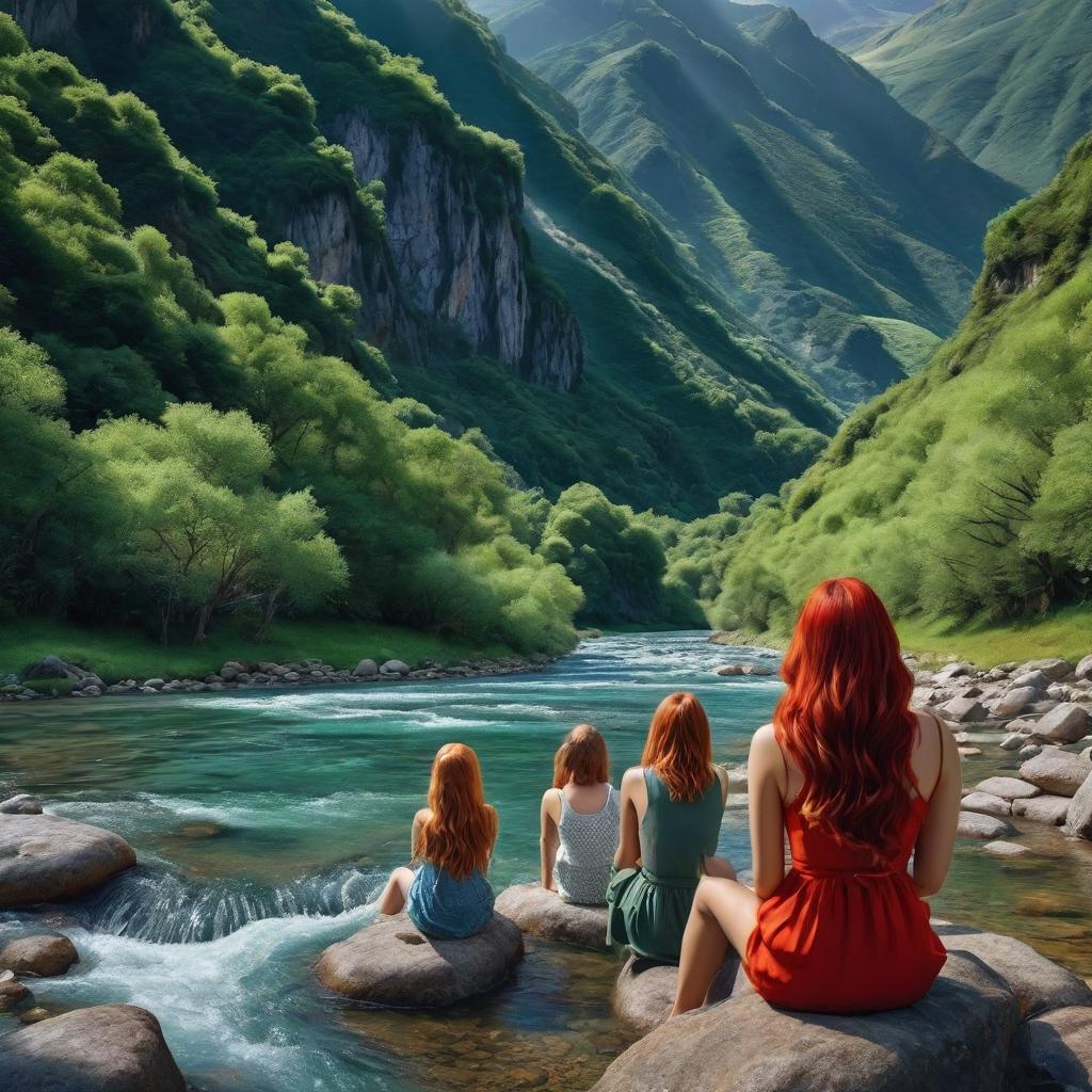  three red headed girls in the river under the mountains photo realistic, highly intricate and detailed, masterpiece, ultra high res,photography,8k resolution